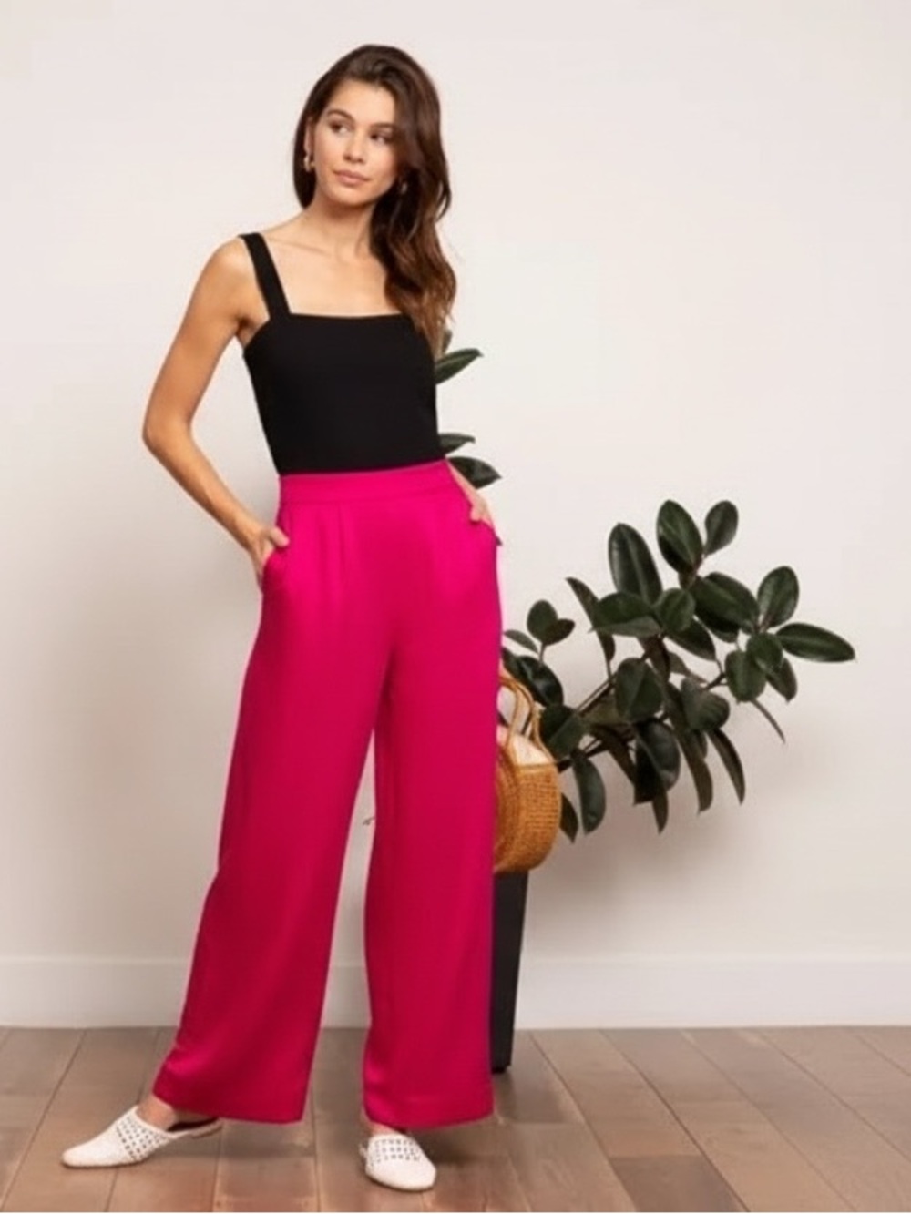 Lucy Paris Wide-Leg High-Rise Pants in Fuchsia
